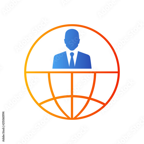 Icono plano hombre de negocios en globo terráqueo en naranja y azul