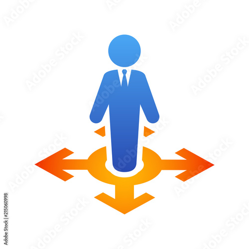 Icono plano hombre de pie en encrucijada en azul y naranja