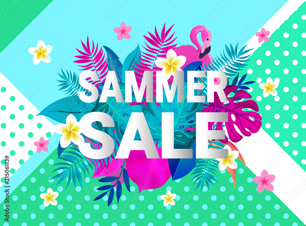 SUMMER SALE card typography design. Retro tropical letters with frangipani flowers, palm leaves and flamingo bird on geometric background.