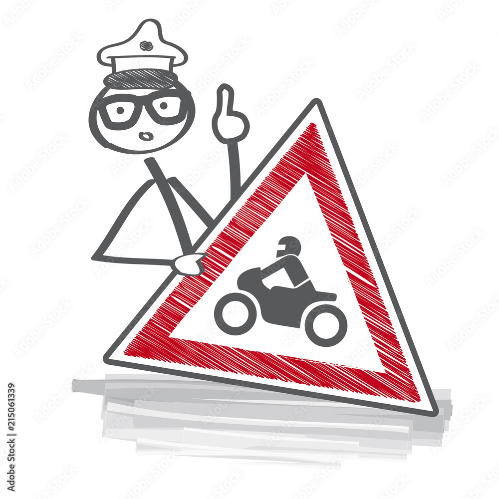 Fototapeta premium Achtung Motorradfahrer - Verkehrspolizist hält Hinweisschild