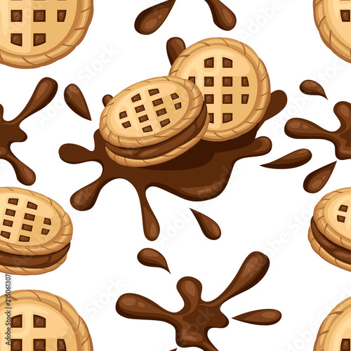 Seamless pattern. Sandwich cookies. Chocolate cookies with choco cream flow. Cracker drop in chocolate splash. Food and sweets, baking and cooking theme. Flat vector illustration on white background