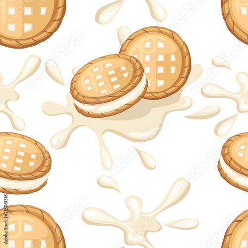 Seamless pattern. Sandwich cookies. Milk cookies with vanilla cream flow. Cracker drop in milk splash. Food and sweets, baking and cooking theme. Flat vector illustration on white background