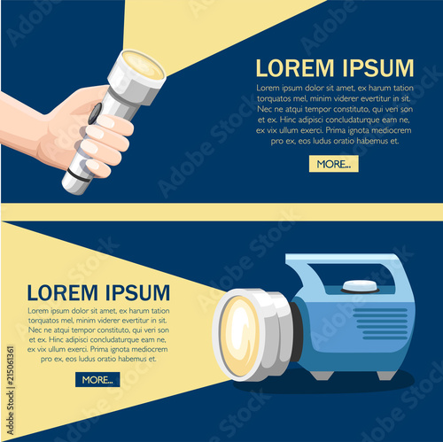 Big blue shining flashlight. Hand hold white flashlight. Tourist or special flashlight with handle. Flat vector illustration with place for text. Concept design for website or advertising