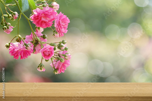 Wood table top on blurred background. Spring background.