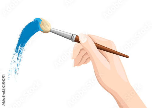 Hand holding paintbrush. Brush painting on white. Blue paint. Vector flat illustration isolated on white background
