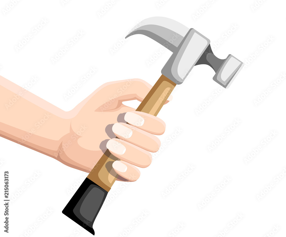 Hand hold hammer. Carpenter hammer in flat style. Typical hand instrument. Wooden handle. Building tool. Flat vector illustration isolated on white background Hand hold hammer. Carpenter hammer in flat style. Typical hand instrument. Wooden handle. Building tool. Flat vector illustration isolated on white background