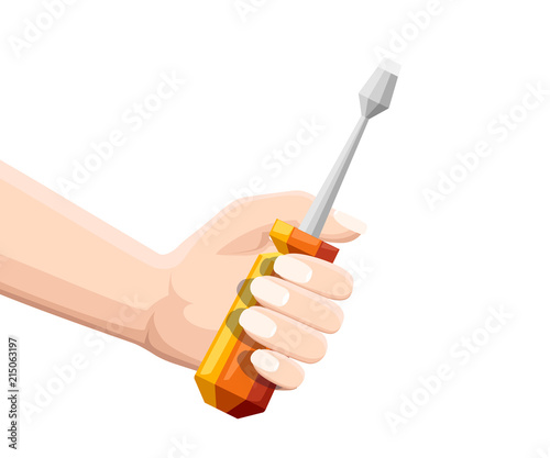 Hand hold orange screwdriver . Screwdrivers with flat attachments. Flat vector illustration isolated on white background. Colorful icon