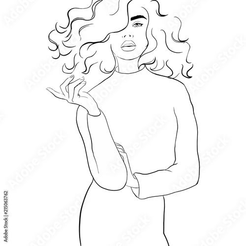Fashion illustration girl sketch style. Woman in sweater, skirt. Magazine city style poster. Hand drawn fashion girl. Fashion model posing. Sketch. Vector illustration. Fashion, style, youth, beauty