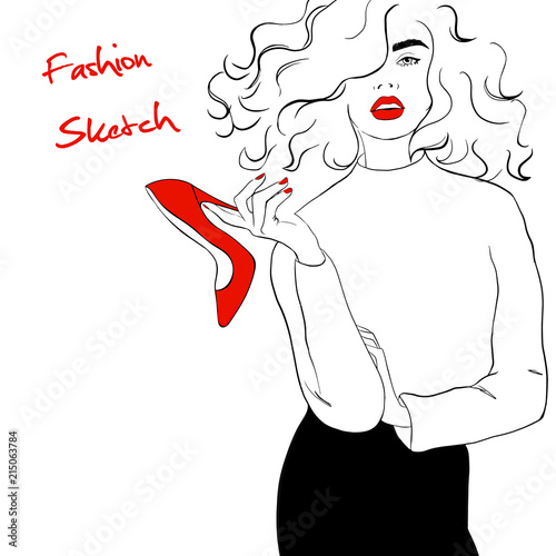 Fashion illustration girl with red lips sketch style. Woman in sweater, black skirt with red shoe in hand. Hand drawn fashion model posing. Sketch. Vector illustration. Fashion, style,beauty