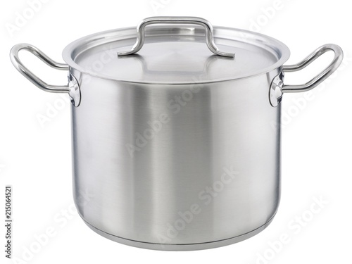 Metal saucepan with closed lid. Рan isolated on white background