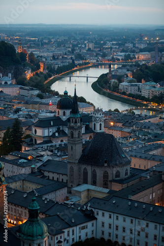 Aerial view of the historic city of Salzburg in the evening