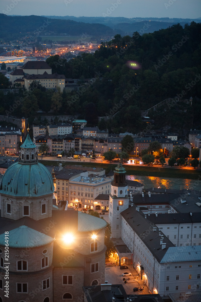 Naklejka premium Aerial view of the historic city of Salzburg in the evening