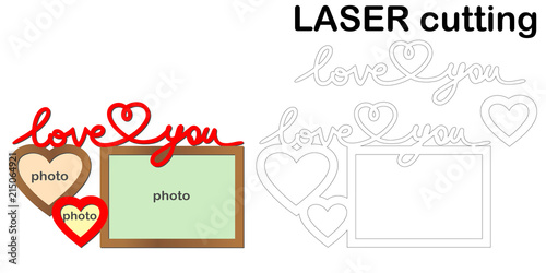 Frame for photos with inscription 'Love you' for laser cutting. Collage of photo frames. Template laser cutting machine for wood and metal. The perfect gift for St. Valentine's Day.