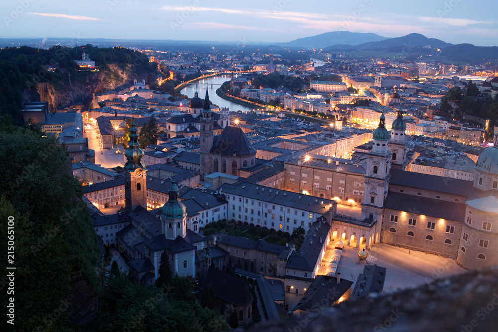 Aerial view of the historic city of Salzburg in the evening