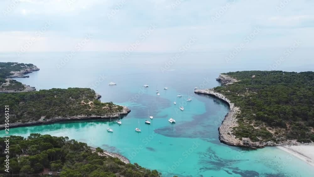Aerial: The beach of Cala Mondrago in Mallorca, Spain Aerial: The beach of Cala Mondrago in Mallorca, Spain