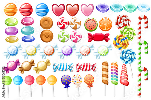 Candies set. Big collection of different cartoon style candies. Wrapped and not lollipops, cane, sweetmeats. Cute glossy sweets. Flat colorful icons. Vector illustration isolated on white background photo