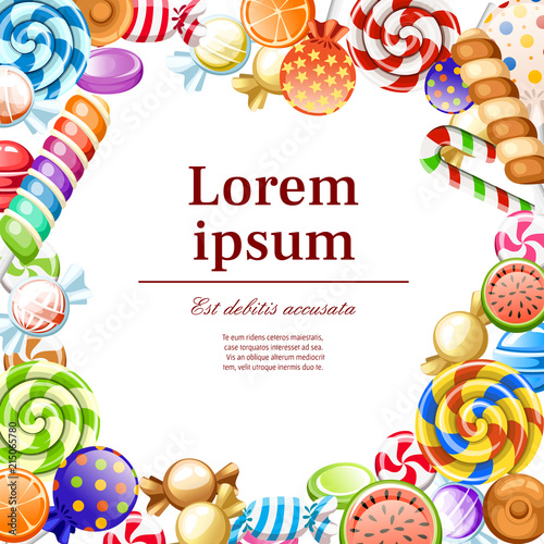 Candies pattern. Big collection of cartoon style candies. Wrapped and not lollipops, cane, sweetmeats. Cute glossy sweets. Vector illustration on white background. Concept for card and advertising