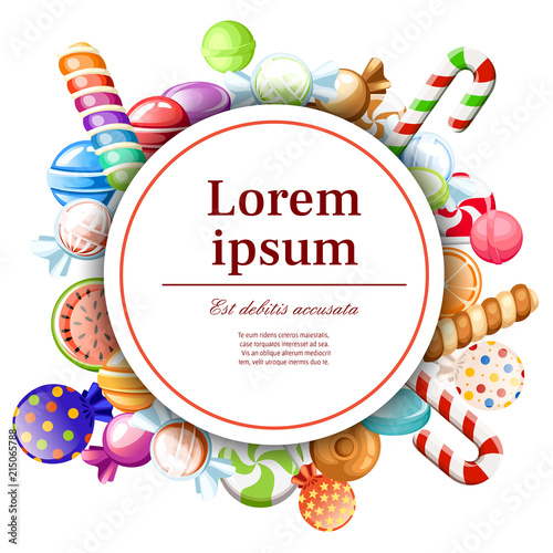 Candies pattern. Round card design. Concept for card and advertising. Wrapped and not lollipops, cane, sweetmeats. Cute glossy sweets. Vector illustration on white background