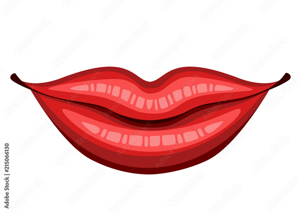 Red lips kiss. Female smile lips. Flat style mouth. Kiss sexy logo icon for card. Vector illustration isolated on white background Red lips kiss. Female smile lips. Flat style mouth. Kiss sexy logo icon for card. Vector illustration isolated on white background