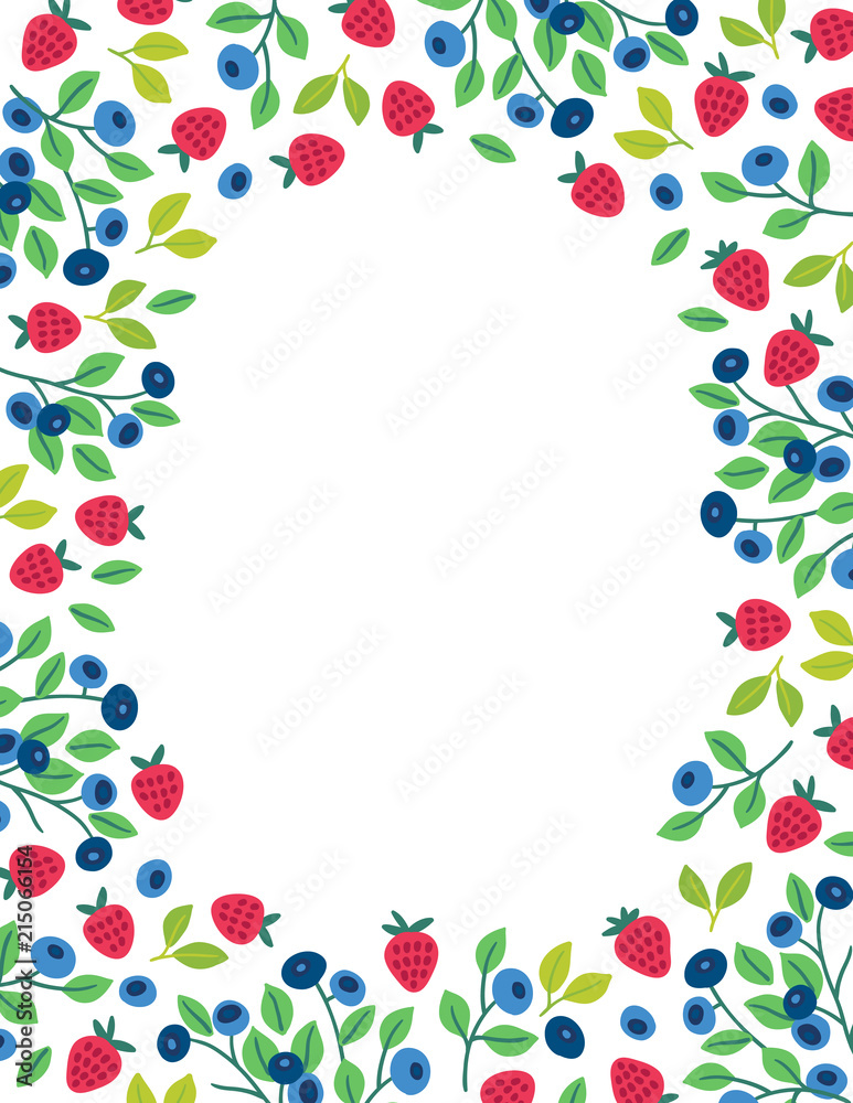 Greeting card with blueberry and wild strawberry on white background Greeting card with blueberry and wild strawberry on white background
