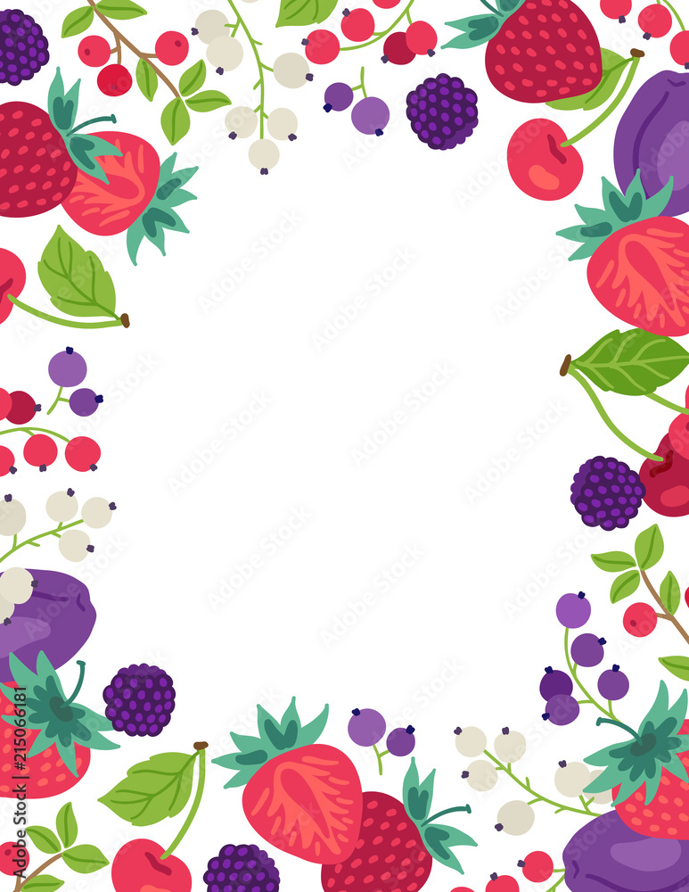 Greeting card with strawberry, cherry, plum, currant, blackberry, cowberry