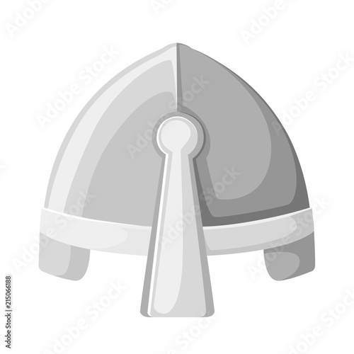 Norman culture. Medieval metal knight helmet. Silver colored armor. Warrior knight logo, emblem, symbol, sport mascot. Flat vector illustration isolated on white background