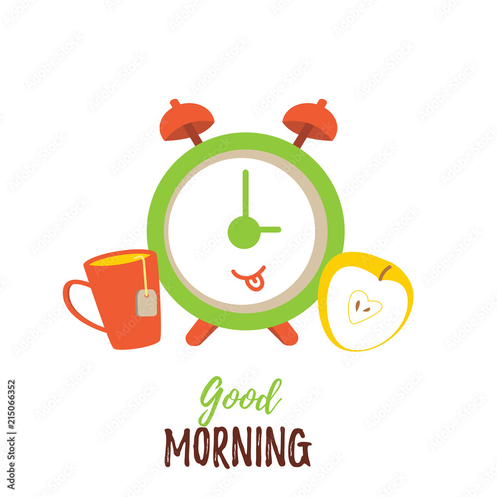 Good morning cartoon poster with cute tea cup, apple and clock. Vector flat  design. Stock Vector | Adobe Stock