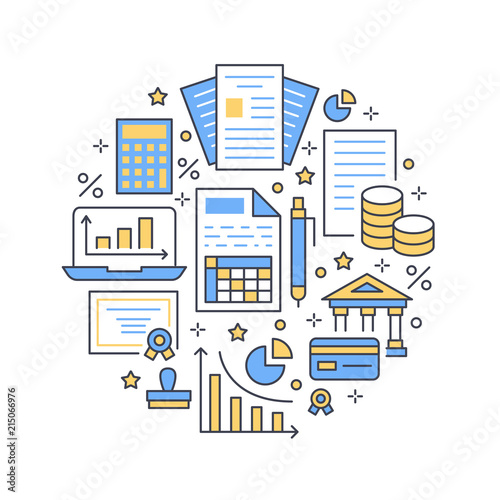 Financial accounting circle poster flat line icons. Bookkeeping brochure concept, tax optimization, firm accountant, loan, payroll, real estate crediting. Accountancy, finance signs legal services.