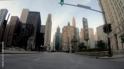 Driving through Chicago downtown loop past fantastic skyline. photo