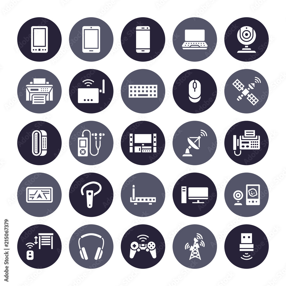 Wireless devices flat glyph icons. Wifi internet connection technology signs. Router, computer, smartphone, tablet, laptop, printer, satellite. Vector silhouette illustration for electronic store.