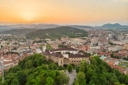 Aerial panorama of the Slovenian capital Ljubljana at sunset. photo
