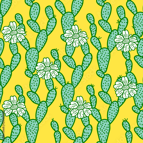 Cute hand-drawn seamless pattern cactus with flowers. Vector illustration isolated on yellow