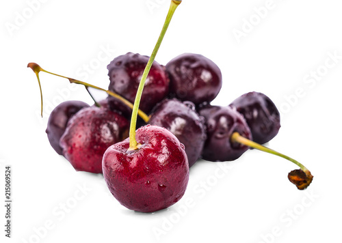 Cherry. Cherries with leaves isolated on white background.