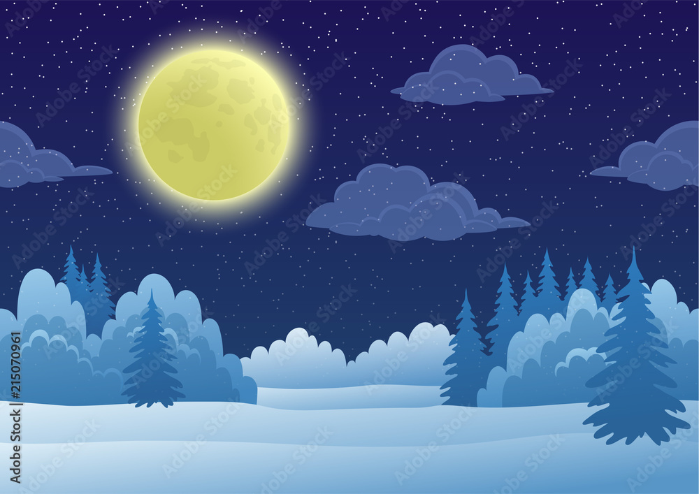 Cartoon Background, Night Landscape with Snow Winter Forest, Starry Sky,  White Clouds and Big Bright Moon. Vector Stock Vector | Adobe Stock