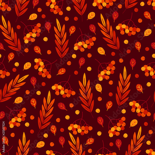 Autumn seamless pattern with leaves, berries and rowanberry
