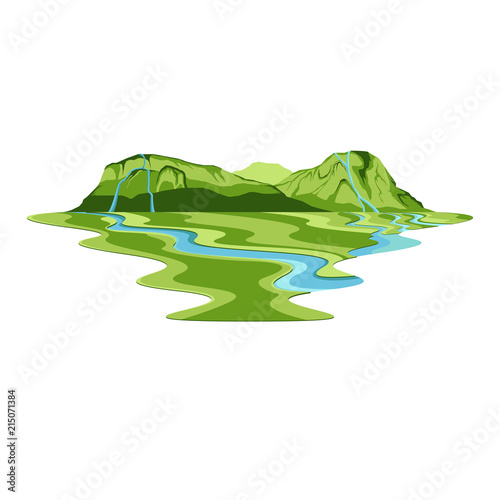 Island Mountain Forest Waterfall and River Landscape Vector