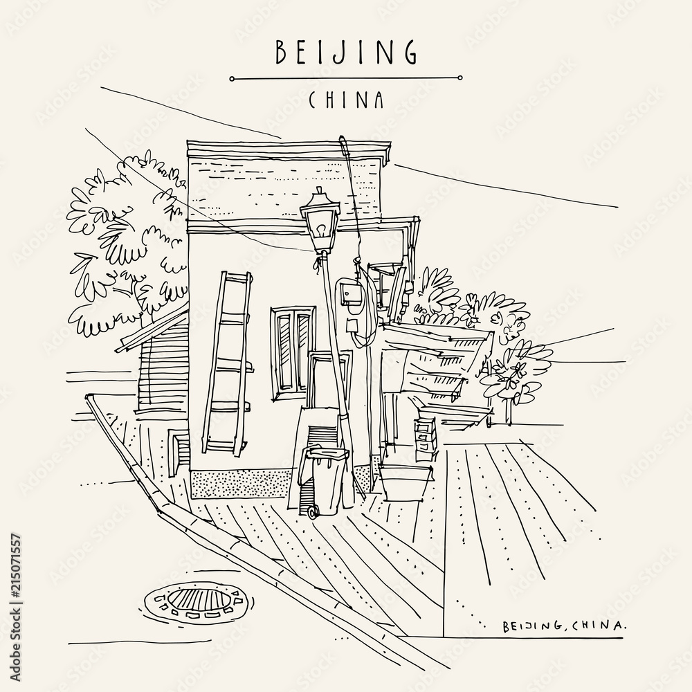 Obraz premium Beijing, China, Asia. House in hutong area. Vintage hand drawn touristic sketch postcard