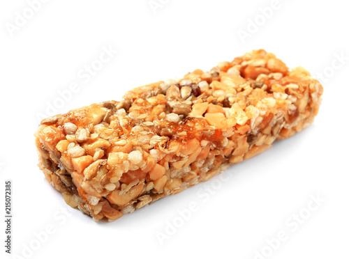 Grain cereal bar on white background. Healthy snack