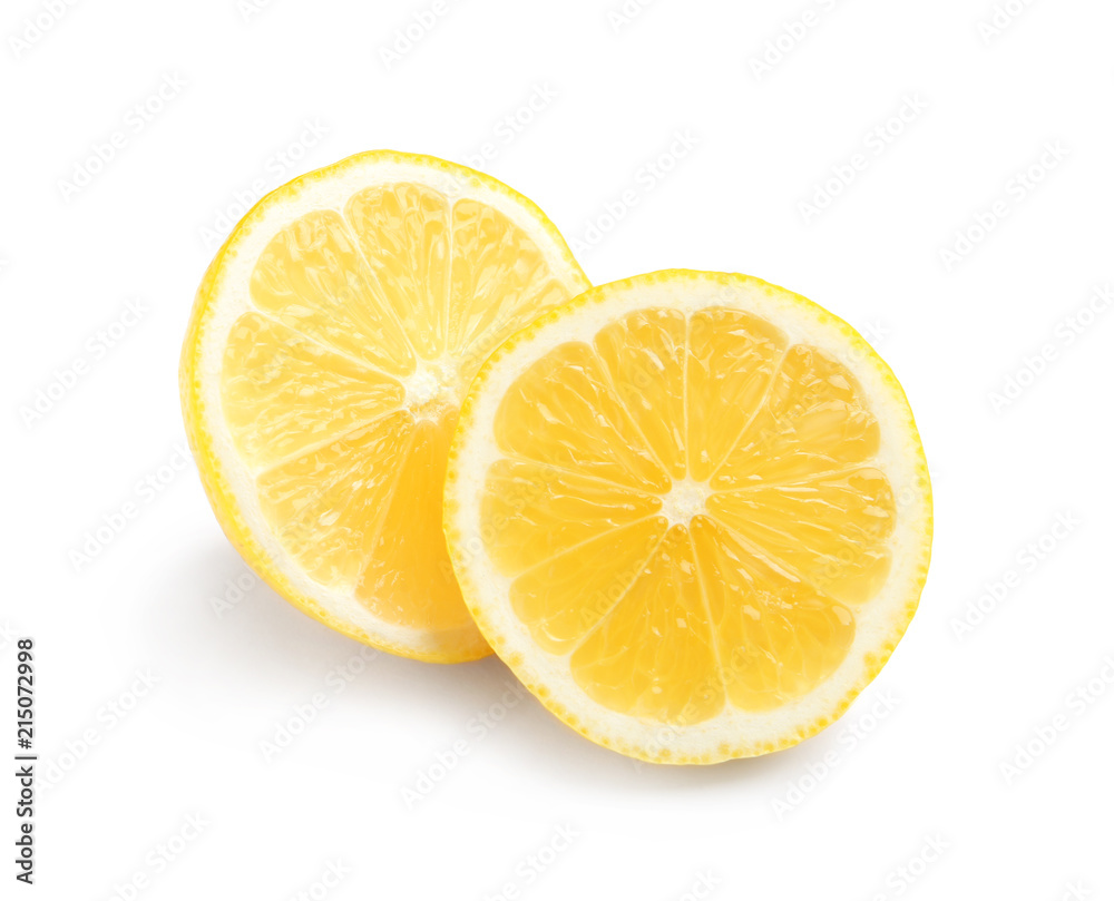 Sliced fresh ripe lemon on white background