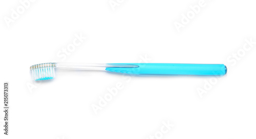 Color toothbrush on white background. Dental care
