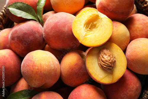Fototapeta Fresh sweet ripe peaches as background