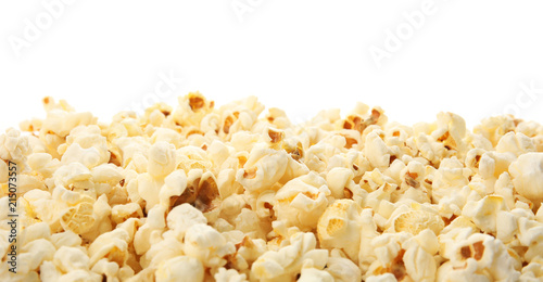 Pile of tasty fresh popcorn on white background