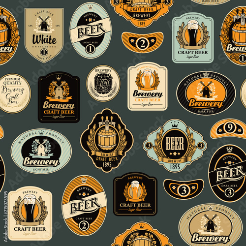 Vector seamless pattern on the theme of beer with various beer labels with images of barrels, beer glasses, mills, laurel wreathes, ears of wheat and other in retro style on dark background