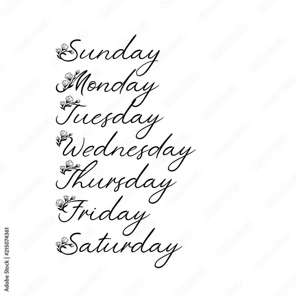Vetor de Handwritten days of the week monday, tuesday, wednesday, thursday,  friday, saturday, sunday calligraphy.Lettering typography. do Stock