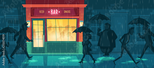 Vector cartoon illustration with bar at bad weather. Exterior of night cafe with some people inside, others walking down street under umbrellas in rain. Background with beerhouse, fast food restaurant