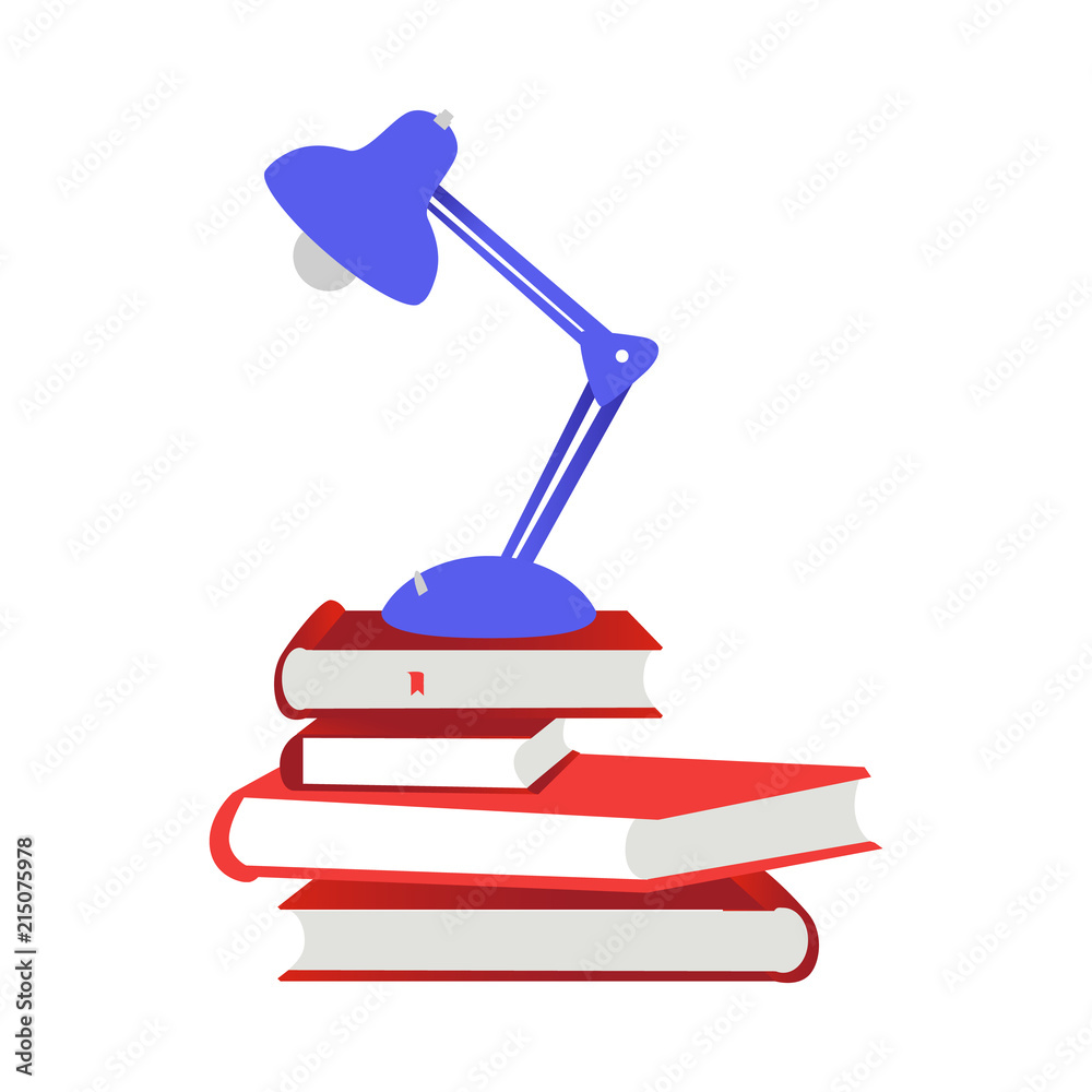 Pile of close paper books with red hardcover and reading-lamp isolated on white background - textbooks and lighting equipment for education or reading leisure in flat vector illustration. Pile of close paper books with red hardcover and reading-lamp isolated on white background - textbooks and lighting equipment for education or reading leisure in flat vector illustration.
