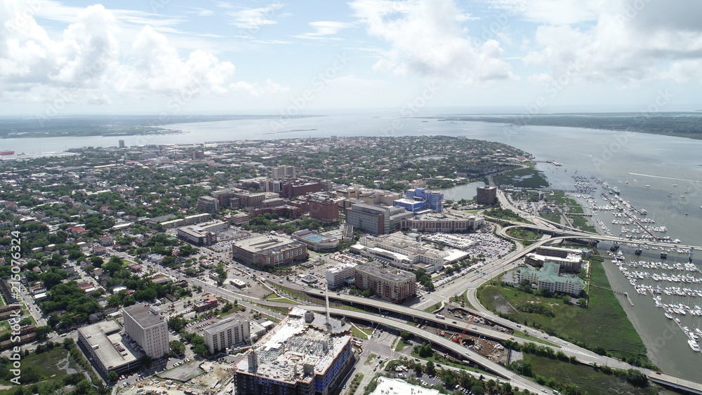 Aerial view of downtown Charleston cityscape.