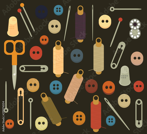 Collection set icon of sets Sewing equipment, dressmaking and needlework accessories icons set with coils of threads, pins,tape measure, scissors and buttons.  