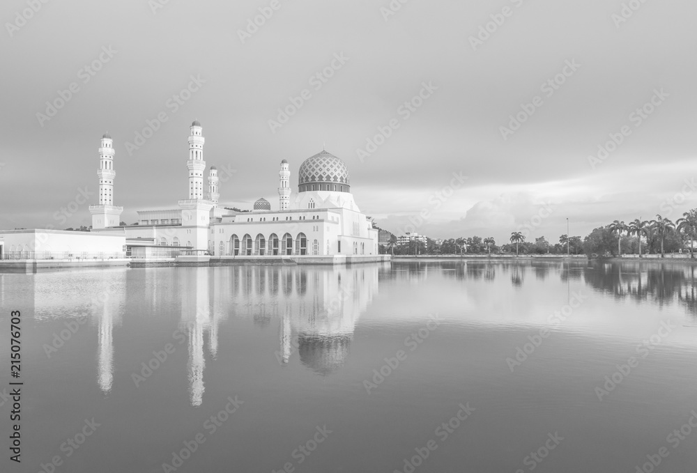 Reflection of Likas Mosque in black and white 