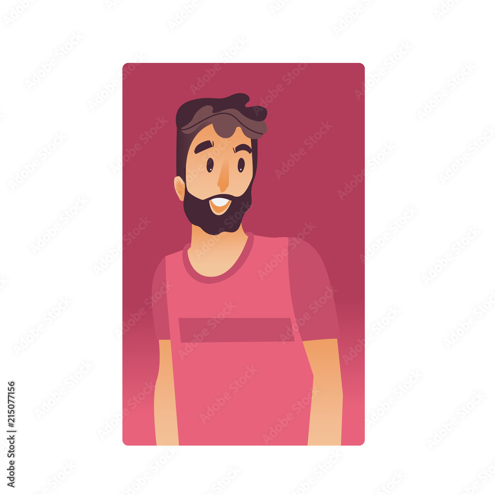 Brunette young man flat avatar for social networks, blogs use. Bearded smiling guy in pink tshirt, handsome male character portrait. Vector illustration on red background.